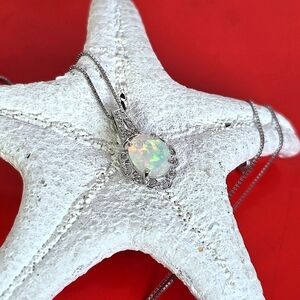 925 Sterling Silver Necklace 18" with Natural White Oval Opal 9x7mm Gem & Cz